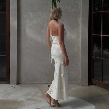 New fashion neck dress three-dimensional flower vacation wind needle hip dress