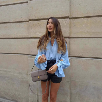 Women's new fashion long-sleeved shirt lapel casual street style top solid color Spice Girl shirt women