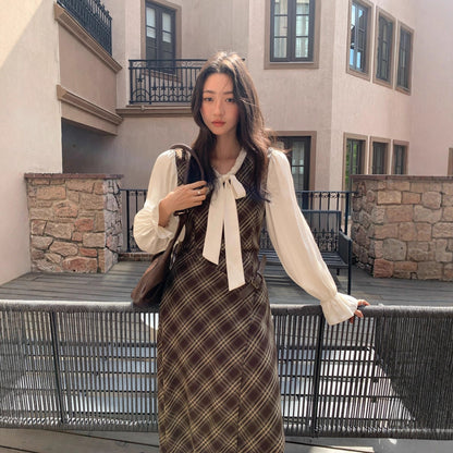 Temperament plaid leather buckle strap fake two-piece dress
