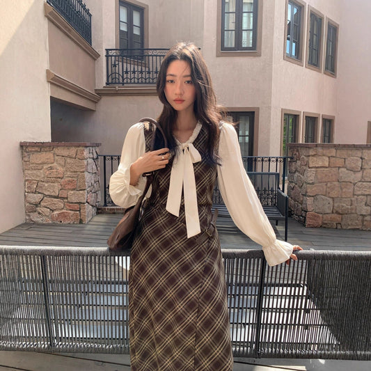 Temperament plaid leather buckle strap fake two-piece dress