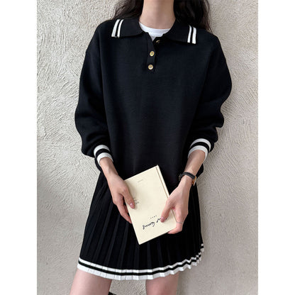 Academy style polo neck sweater + high waist pleated skirt set