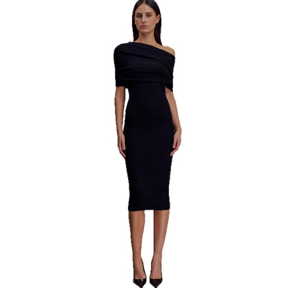 Slim fit solid color one-word shoulder dress