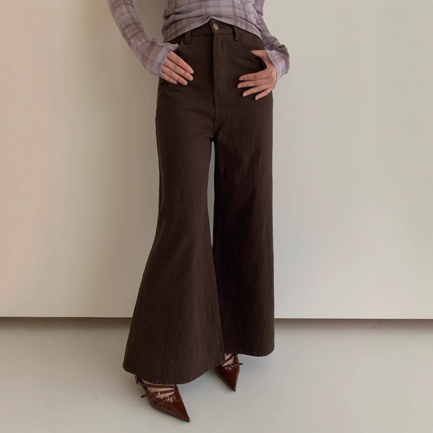 Stylish commuter simple and versatile cotton high-waisted micro-pull jeans