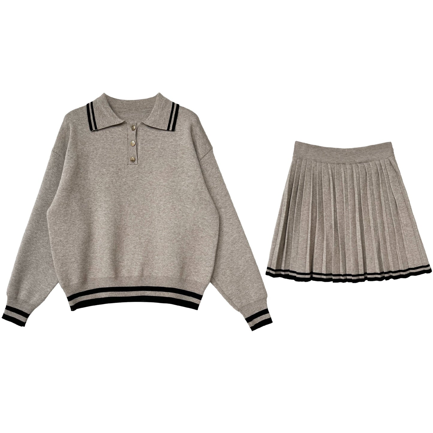 Academy style polo neck sweater + high waist pleated skirt set