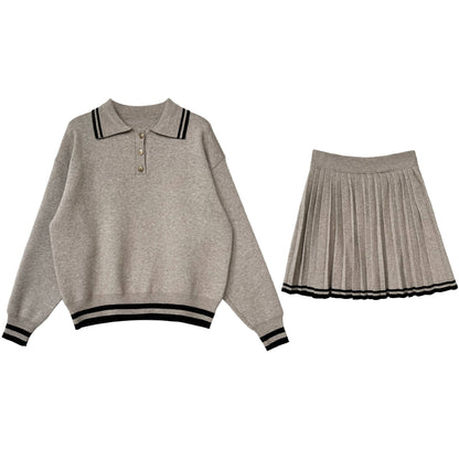 Academy style polo neck sweater + high waist pleated skirt set
