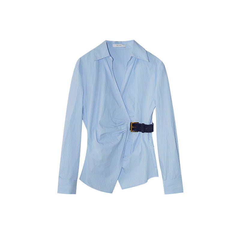Temperament diagonal placket waist long-sleeved lapel shirt