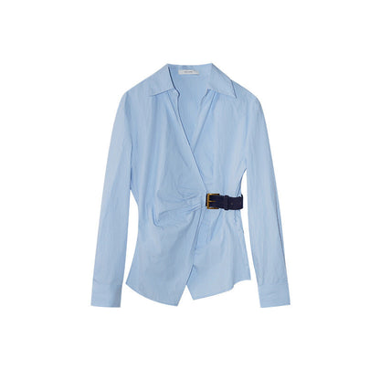 Temperament diagonal placket waist long-sleeved lapel shirt