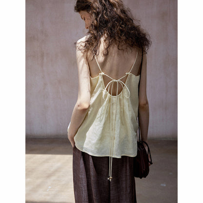 Summer Breathable Linen Pleated Adjustable Suspender Simple Vacation Top