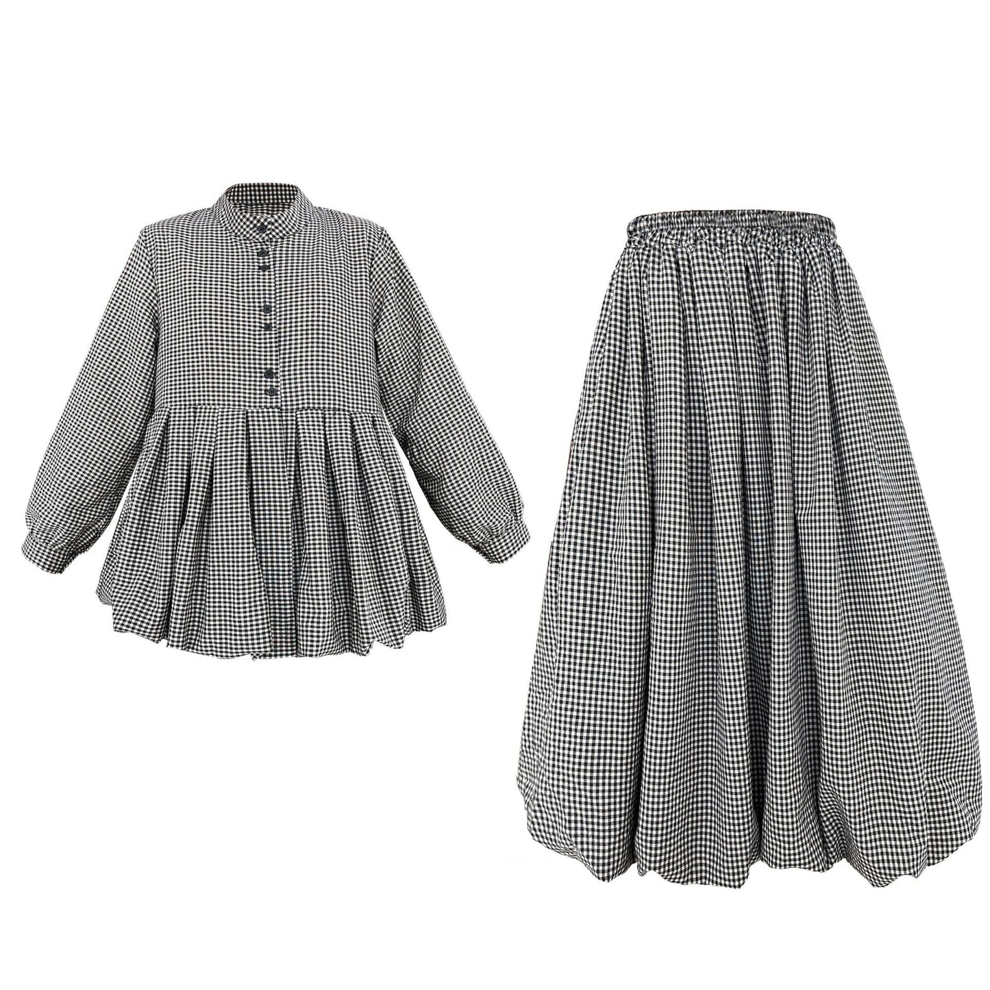 Vintage age-reducing plaid doll shirt top + bud skirt two-piece spring suit