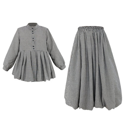 Vintage age-reducing plaid doll shirt top + bud skirt two-piece spring suit