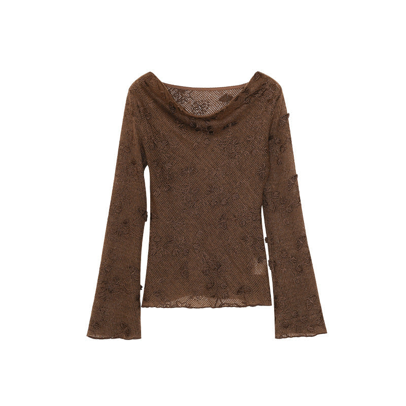 Hollow heavy industry jacquard swing neck long-sleeved bottoming shirt top