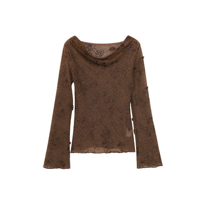Hollow heavy industry jacquard swing neck long-sleeved bottoming shirt top