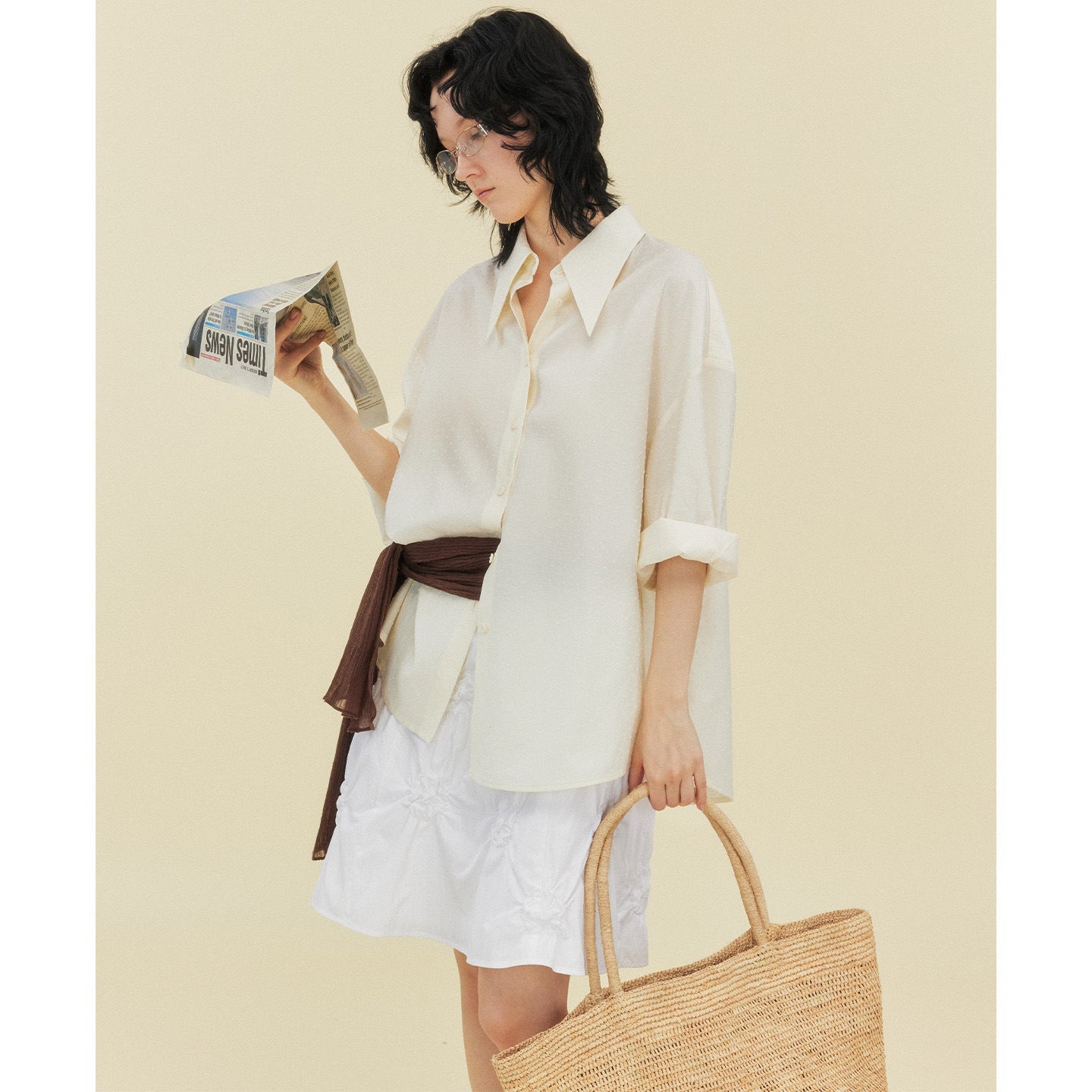 Fleece Tencel Polka Dot Seven-Sleeve Shirt