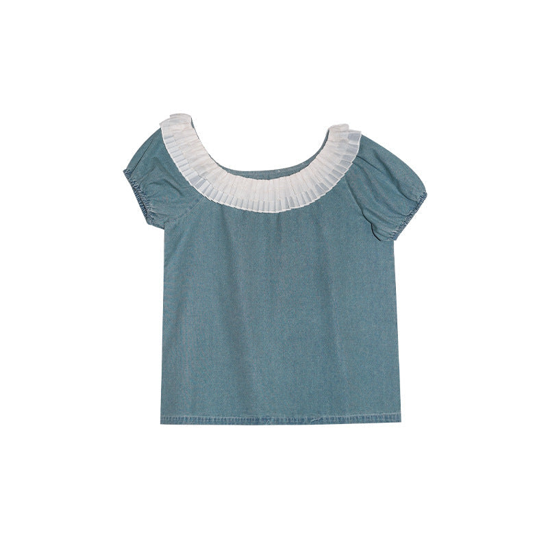 Ruffle Trim Off-Shoulder Denim Top