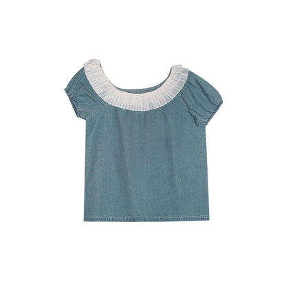 Ruffle Trim Off-Shoulder Denim Top