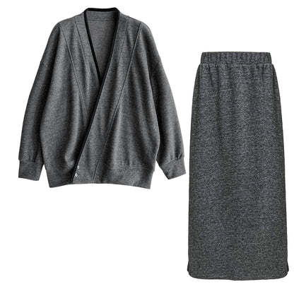 Soft waxy wool diagonal placket splicing top + high waist skirt two-piece women's autumn suit
