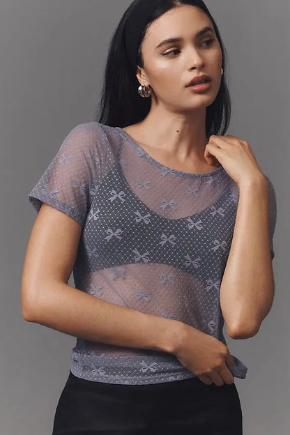 Mesh transparent lace bottomed short-sleeved top