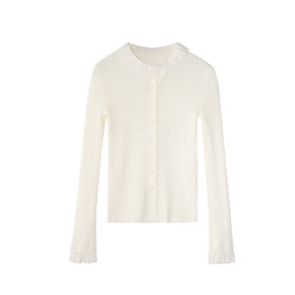 Sweet age-reducing pit strip fungus edge knitted cardigan sweater