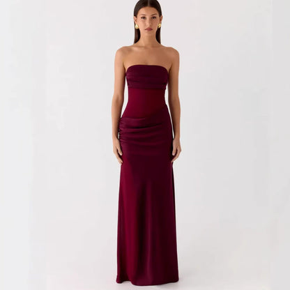 Fashion tube top sexy backless slim evening dress pleated hip skirt satin dress