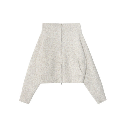 Zipper knitted cardigan one-word shoulder sweater