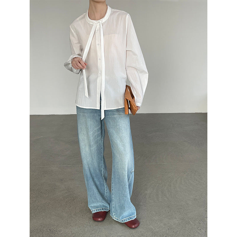 Crew Neck Ribbon Lace-Up Bow Long Sleeve Shirt