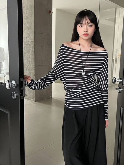 French Minimalist Pinstriped Irregular Slant Shoulder Waist Skinny Top Women's Tencel Long Sleeve T-Shirt