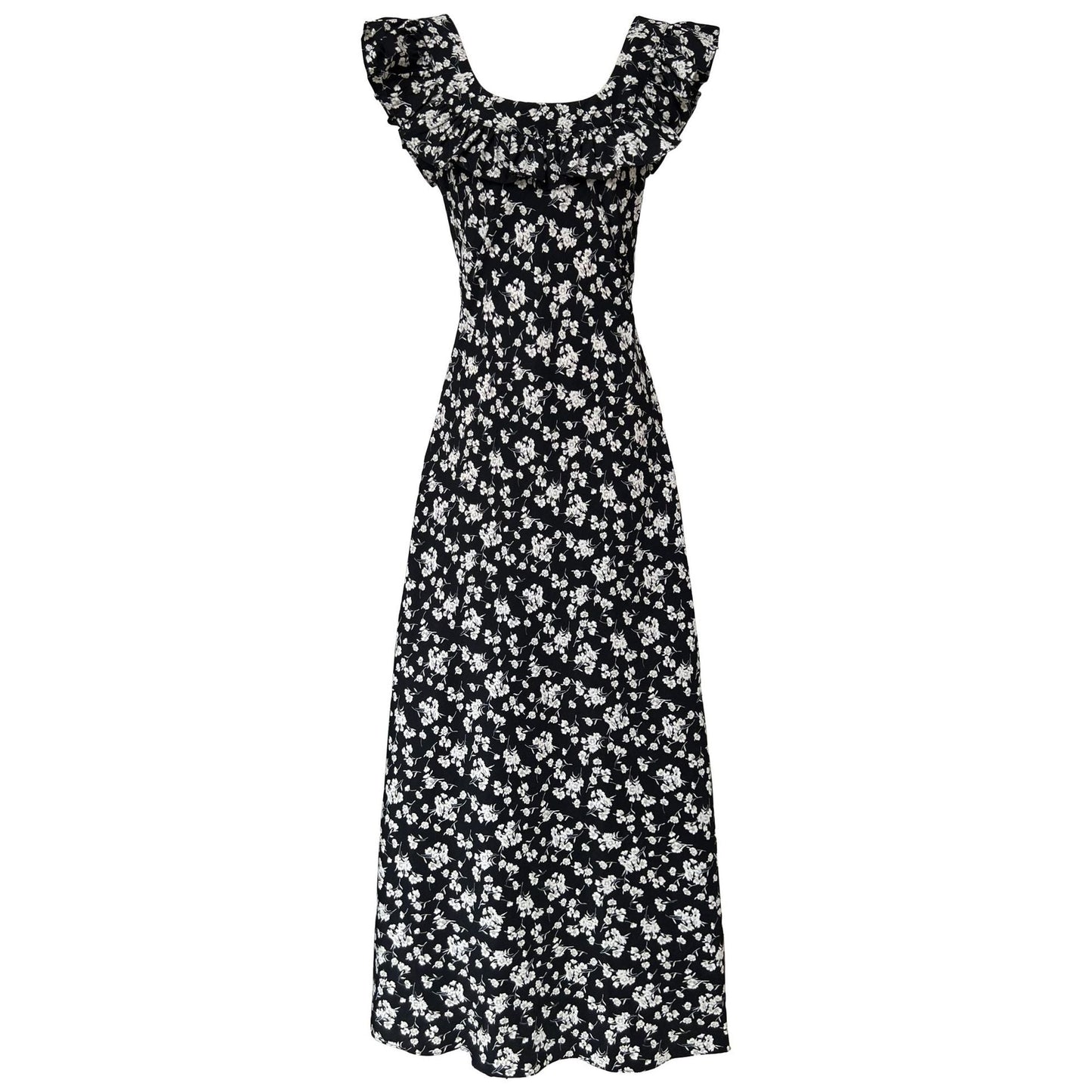 Square collar ruffle edge floral dress women's summer flying sleeves temperament Hepburn vest skirt