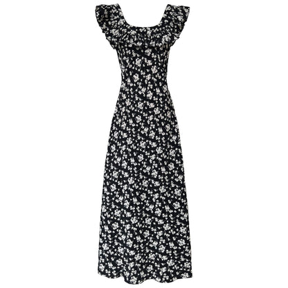 Square collar ruffle edge floral dress women's summer flying sleeves temperament Hepburn vest skirt