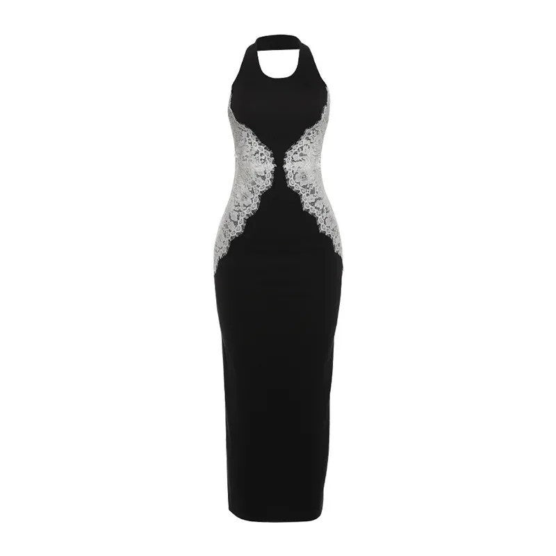 New fashionable and sexy neck splicing long dress backless socialite slim lace dress
