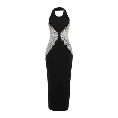 New fashionable and sexy neck splicing long dress backless socialite slim lace dress