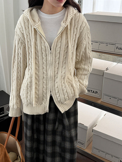 American retro cable knit hooded double zipper sweater cardigan for women - thick chunky knit fall/winter outerwear