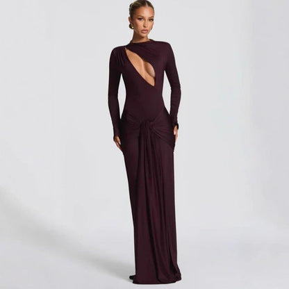 Sexy Spice Girl Hollow Long Sleeve Hip Wrap Dress Ribbon Autumn and Winter Dress