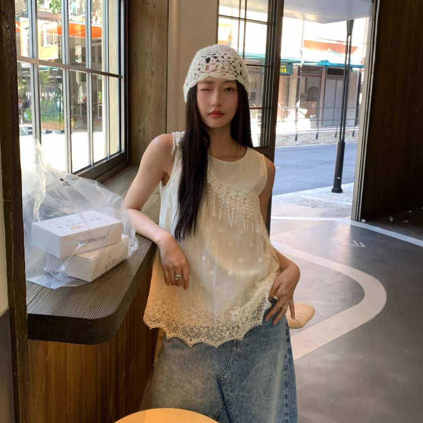 Embroidered Lace Tassel Trim Strapless Pullover Top