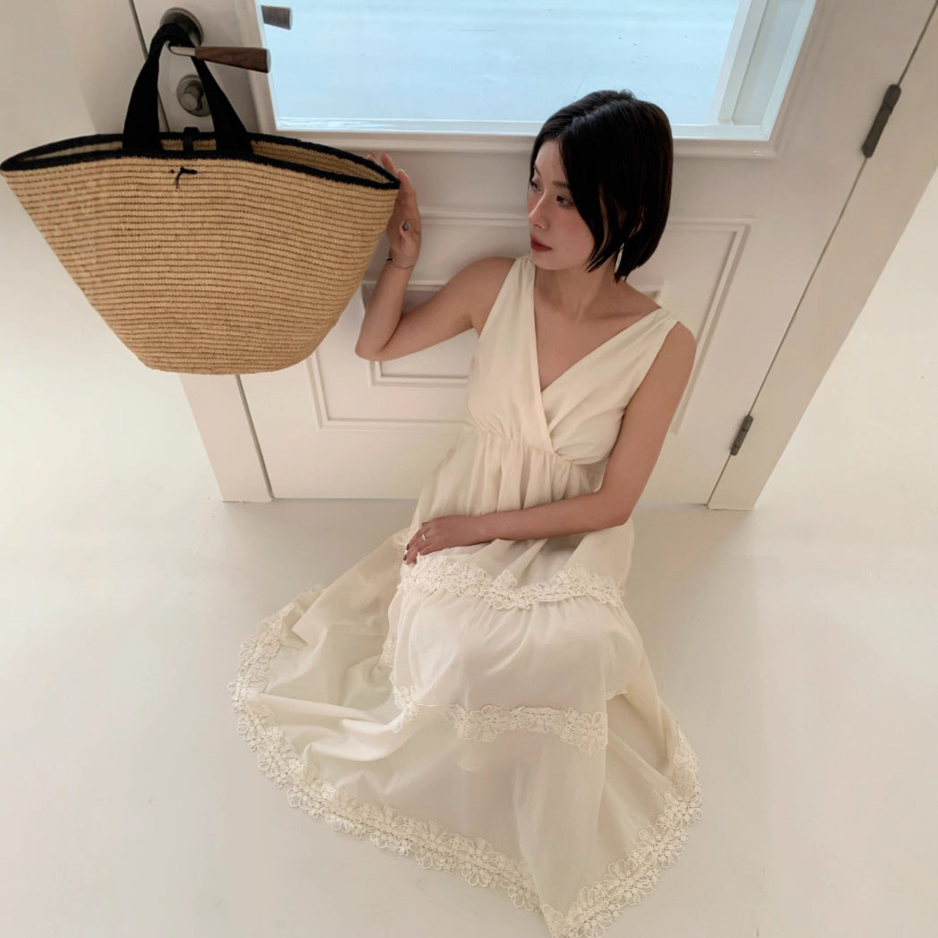 Vacation temperament lace v-neck sleeveless dress