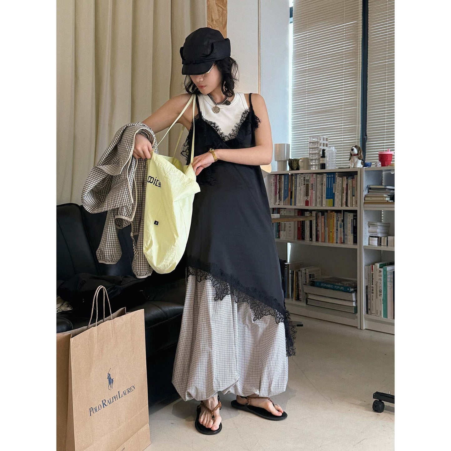New French temperament V-neck eyelash lace slim primer suspender asymmetrical hem top women