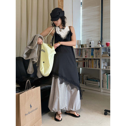 New French temperament V-neck eyelash lace slim primer suspender asymmetrical hem top women