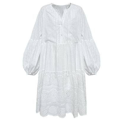 French holiday style lace-up dress spring and summer new lantern sleeves atmosphere thin long-sleeved skirt