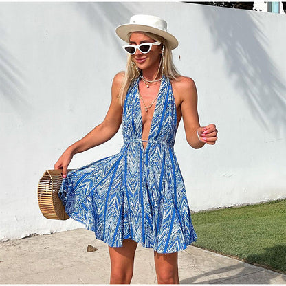 Summer Vacation Hot Girls Sexy Halter Collar Print Neck Beach Dress