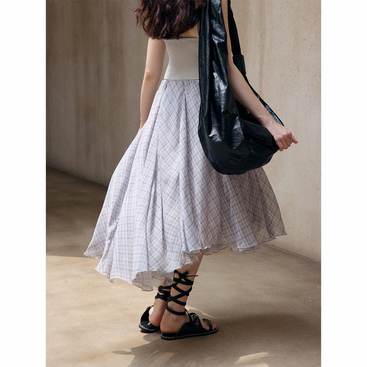 Plaid asymmetrical diagonal swing skirt summer thin light splicing contrasting color versatile