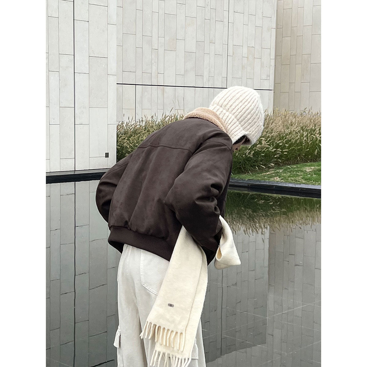 Vintage suede faux leather patchwork cropped jacket - women's winter warm cotton padded outerwear top 8556