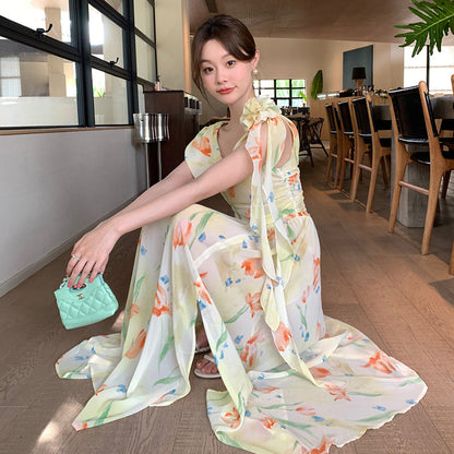 Pastoral pure desire temperament waist floral dress
