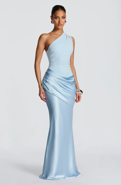 New fashion diagonal collar pleated satin strap hip skirt slim dress women