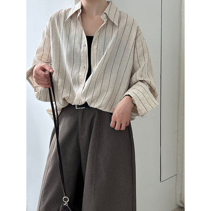 Korean casual temperament striped linen long-sleeved shirt jacket women's early autumn new old money style top