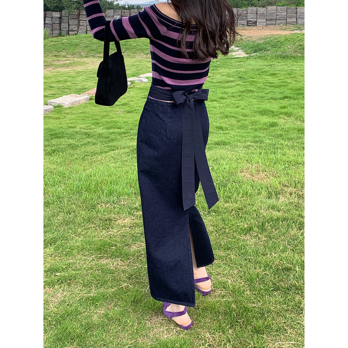 Back split strap high waist hip-wrapped denim dress