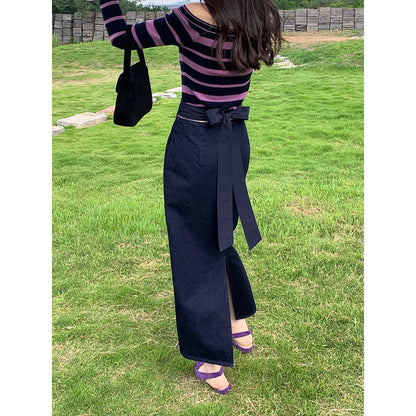 Back split strap high waist hip-wrapped denim dress