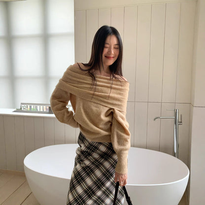 Lazy Korean fashion one-word shoulder long-sleeved pullover sweater