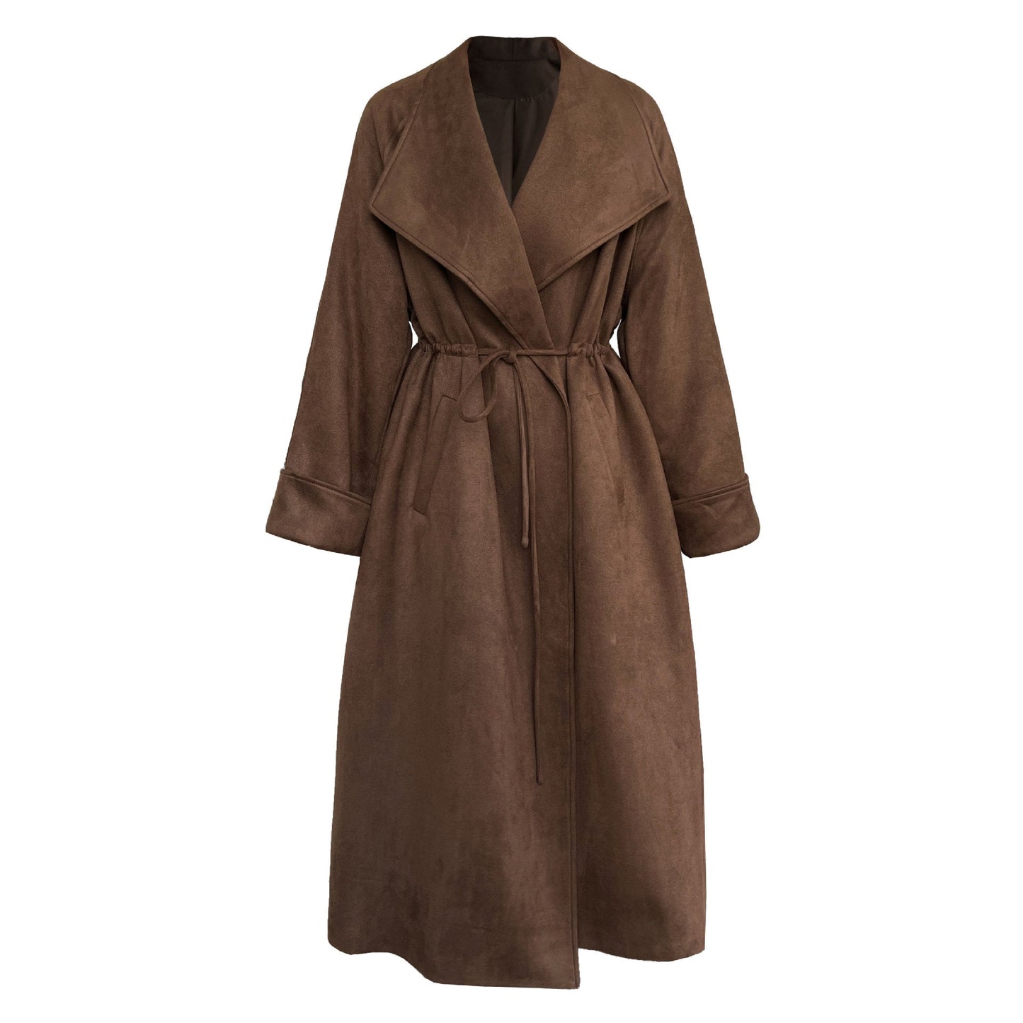 High-end silhouette long windbreaker relaxed drawstring plaid large lapel outwear women's autumnew arrival