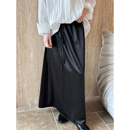French drape satin simple drawstring skirt women's new loose and versatile medium and long A-version skirt