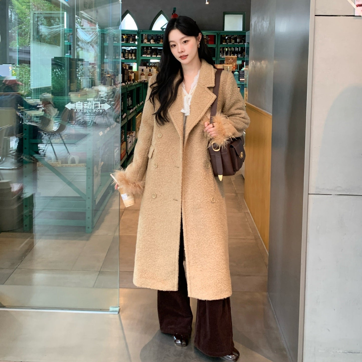 Commuter temperament coat double-breasted long woolen coat