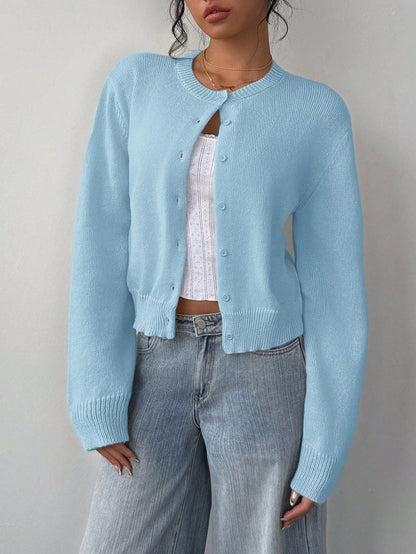 Autumn and winter round neck threaded long-sleeved button women's cardigan jacket sweater soft waxy short loose and thin
